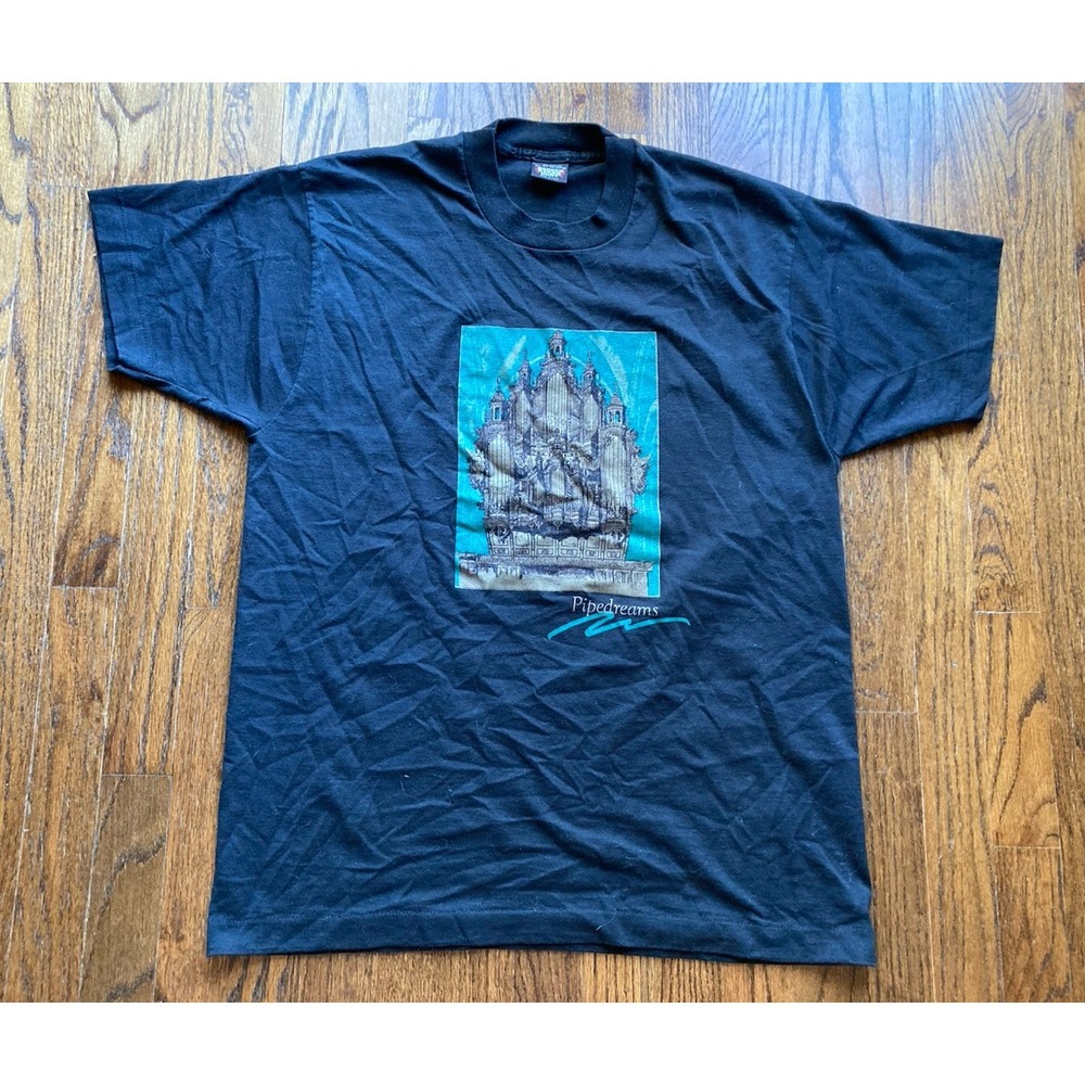 Vintage 80s 90s PipeDreams Organ Music T Shirt Size XL Black Public Radio USA